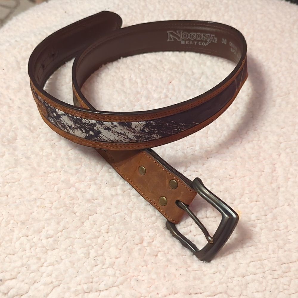 NOCONA BELT Size 30 Brown Leather Camo Hole Support Double‎ Line Stitch